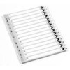 Q-Connect Index 1-15 Board Reinforced White, white index dividers with reinforced edges and numbered tabs from 1 to 15 arranged on a plastic binder