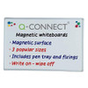 Q Connect Magnetic White Drywipe Notice Board 1800x1200mm, magnetic whiteboard with a promotional display showing features like magnetic surface, three sizes, pen tray, and writable surface.
