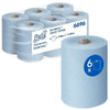 Scott Essential Slimroll Rolled Hand Towels 6696 - Blue Paper Towels - 6 x 190m Paper Towel Rolls (1,140m total), six blue paper towel rolls in packaging with product details.