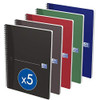 Oxford Office Essentials A4 Card Cover Wirebound Notebook, 180 Page - Assorted Colours, Pack of 5, showing five wirebound notebooks in black, red, green, blue, and gray with white pages and covers.