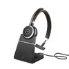 Jabra Evolve 65 SE Wireless Mono Headset, black Bluetooth headset with noise-cancelling microphone, long-lasting battery, charging stand, and MS Teams certification.