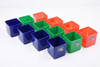 Helix Empty Pencil Pots - Pack of 12 in Assorted Colours, colorful square pencil holders in blue, green, and orange, arranged in rows on a white background.
