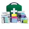 Reliance Medical Small Workplace First Aid Kit - Compliant, Essential Safety Supplies for Up to 25 People, Compact & Secure, Green, 1 Kit, with various first aid supplies including bandages, antiseptic wipes, and medical accessories arranged around a green first aid box.