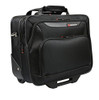 Monolith trolley case with laptop compartment, black rolling travel bag with multiple zippered compartments and handle for easy carrying.