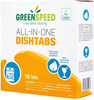 Greenspeed All-In-One Dishwasher Tablets 3 in 1 Operation, 100 Pieces, 1.8 kg, exterior packaging showing product name, 100 tablets, plant-based ingredients, with lemon scent and salt action icons.