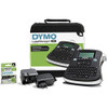 Dymo LabelManager 210D Handheld Label Maker Kit, showing the label maker with QWERTY keyboard, 12mm black on white D1 labels, power adapters, and carrying case.
