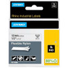 DYMO RhinoPRO - Flexible nylon tape - white - Roll (1.2 cm x 3.5 m) - 1 roll, product packaging with black, yellow, and gray design, showing tape specifications and use icons.