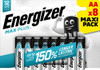 Energizer E301324600 Max Plus Mignon (AA) of 8 Chrome batteries, image showing a pack of eight AA alkaline batteries with a black and blue design and Energizer branding.