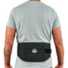 Ergodyne ProFlex 1500 Weight Lifters Style Back Support Belt, Large, Black, worn around the waist of a person in a gray t-shirt, with the belt secured with a Velcro strap and logo on the front.