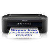 Epson WorkForce WF-2110W, compact all-in-one inkjet printer printing a document with the text 'Stress free professional results' for versatile printing, scanning, copying, and wireless connectivity.