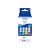 Epson EcoTank 104 Genuine Multipack Ink Bottles, image of a pack containing four ink bottles in black, cyan, yellow, and magenta for Epson printers.