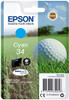 Epson 34 Cyan Golfball Genuine, DURABrite Ultra Ink Cartridge, Standard Capacity, product packaging featuring a golf ball on grass and a blue sky background.