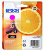 Epson 33 Magenta Oranges, Genuine Claria Premium Ink, Standard Capacity, packaging with an image of sliced oranges and the Epson logo.