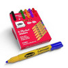 Show-me Flipchart Markers - Pack of 6 Bullet-Tip, yellow marker with blue tip lying below a red box containing six colorful markers in black, blue, green, orange, purple, and red for flipchart or whiteboard presentations.