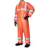 BeeSwift TBS500HVS Coverall Boiler suit, DuPont Tyvek, 500HV Model 125a, Hi Vis Visibility Cat III, GORT Type 5/6 Disposable, Small, orange high visibility protective suit with reflective stripes, worn by a person with black gloves and boots.