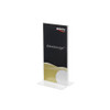 Deflecto 1/3 A4 Portrait Stand Up Sign Holder, Stall Display Stand, Menu Stand, Leaflet Display Stand, Document Holder, Menu Holders for Tables, displaying a black and cream-colored sign holder with a clear acrylic base.