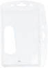 Durable Enclosed Security Pass Holder 54 x 85 mm Transparent, clear plastic badge holder for security and visitor management, shown in packaging with slot for easy attachment.
