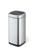 Durable Sensor Waste Bin NO TOUCH - 35 Litre Sensor Bin - Motion Sensored Bin - Made from Strong Steel - Perfect for Any Home or Workplace, image of a sleek, modern silver and black touchless sensor waste bin with a curved lid.