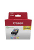 Canon CLI-521 C M Y Pack of 3 cartridges, image showing a genuine recycled cardboard multipack containing cyan, magenta, and yellow ink cartridges for Canon printers.