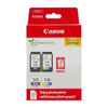 Canon Ink & Paper Multipack, genuine printer ink cartridges and photo paper package showing one black ink cartridge, one color ink cartridge, and 50 sheets of 4x6 photo paper.