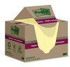 Post-it Super Sticky Notes, pack of 12 pads, with yellow notes on a cardboard storage box, made from 100% recycled paper, measuring 76 mm x 76 mm, featuring extra sticky adhesive for strong hold.