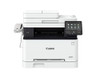 Canon i-SENSYS MF657Cdw Wireless Colour All-in-1 Laser Printer, front view showing LCD touch screen, paper tray, and connected handset for fax.