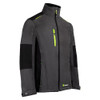 BeeSwift Flex Jacket Softshell Two-Toned Grey/Black Fleece Lined Water Repellent Windproof Medium, a men's softshell jacket featuring a two-tone grey and black design with fleece lining, water-repellent and windproof properties, with neon green accents and multiple zippered pockets.