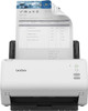Brother ADS-4100 Desktop Document Scanner, white scanner with document being scanned, USB and power connection visible, UK plug included.