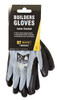 BUILDERS LATEX GLOVE BLACK EXTRA LARGE, image of black latex gloves with grey lining designed for construction and handling tasks.