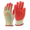 MULTI PURPOSE ORANGE LATEX P/C GLOVE SMALL (EACH), close-up of a pair of small latex gloves with orange fingertips and beige palms, suitable for various tasks.