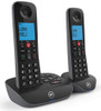 BT Essential Cordless Landline House Phone, Nuisance Call Blocker, Call Block button, Answer Machine, Twin Handset Pack, with two cordless handsets on charging bases featuring digital screens and keypad.