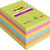 Post-it Super Sticky Notes, Assorted Colours, lined, 101 mm x 152 mm, 90 Sheets/Pad, 4 + 2 FREE Pads/Pack, stack of colorful sticky note pads with notes and branding.