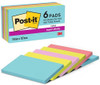 Post-it Super Sticky Notes, Double the Sticking Power, 6 Pads, 540 Sheets, 76 mm x 127 mm, Blue, Green, Pink Colors - Self-Sticking Notes for Walls, Monitors, and Fridge, with colorful pads arranged in front of the packaging.