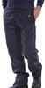 FIRE RETARDANT TROUSERS NAVY BLUE 34, front view of navy blue fire retardant trousers with an embroidered flame logo on the pocket.