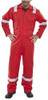 FIRE RETARDANT NORDIC DESIGN BOILERSUIT RED 48, a man wearing a red firefighting coverall with reflective stripes on the shoulders and legs, and a front zipper.