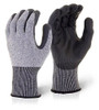 PU COATED CUT 5 GLOVE BLACK XXL, image of a pair of black and gray cut-resistant work gloves with a textured palm coating and knitted wrist cuffs.