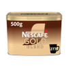 NESCAF Gold Blend Instant Coffee 500g Tin, rectangular beige and brown coffee tin with a golden lid and black coffee cup icon with '277' written on it.