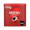 NESCAF Original Instant Coffee 750g Tin, red metal container with NESCAF logo, an image of a coffee cup, and caffeine measurement details.