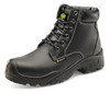 6 EYELET PUR BOOT S3 BLACK 12, black industrial safety boot with six eyelets, durable leather upper, padded collar, and slip-resistant sole.