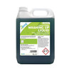 2Work Antibacterial Washing Up Liquid 5 Litre, large grey plastic bottle with green and white label displaying product information and safety warnings.