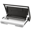 Fellowes Binding Machine for Personal Use - Star+ 21-Hole, 150 Sheet Manual Paper Punch Comb Binder Machine, white and grey, open with punching mechanism visible.