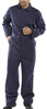 CLICK Cotton Drill Boilersuit Navy Blue 36, front view of a man wearing a navy blue cotton drill boilersuit with a button-up shirt style top and matching pants, tailored for industrial or work environments.