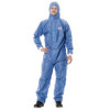 3M Protective Coverall 4530, Size L, Blue, front view of a man wearing protective coveralls with hood, full-body protective clothing for safety and contamination protection.