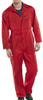 SUPER CLICK HEAVY WEIGHT BOILERSUIT RED 44, full-length view of a man wearing a red heavy weight boilersuit with multiple zippered pockets and a front zipper closure.
