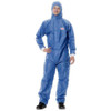 3M Protective Coverall, 4530 B-3XL, full-body protective suit worn by a person, featuring a hood, zippered front, and elastic cuffs, designed for safety and hygiene in industrial or medical settings.