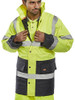 TWO TONE TRAFFIC JACKET SATURN YELLOW / NAVY S, a high-visibility safety jacket featuring a yellow and navy color scheme with reflective strips and black pockets.