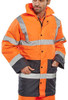 TWO TONE TRAFFIC JACKET ORANGE / NAVY S, image showing a man wearing a high-visibility orange and navy reflective safety jacket designed for traffic control and construction work.