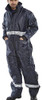 COLDSTAR FREEZER COVERALL NAVY BLUE L, professional navy blue insulated coverall with reflective stripes for cold environments, featuring a hood, front zipper, and multiple pockets for work safety and convenience.
