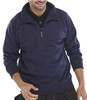 Quarter Zip Fleece Navy Blue XS, a men's slim-fit navy blue fleece with a quarter zip collar and long sleeves, worn by a male model.