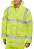 CONSTRUCTOR JACKETS SATURN YELLOW XXXXL, high-visibility yellow construction jacket with reflective silver stripes, hood, and multiple pockets for safety and utility.